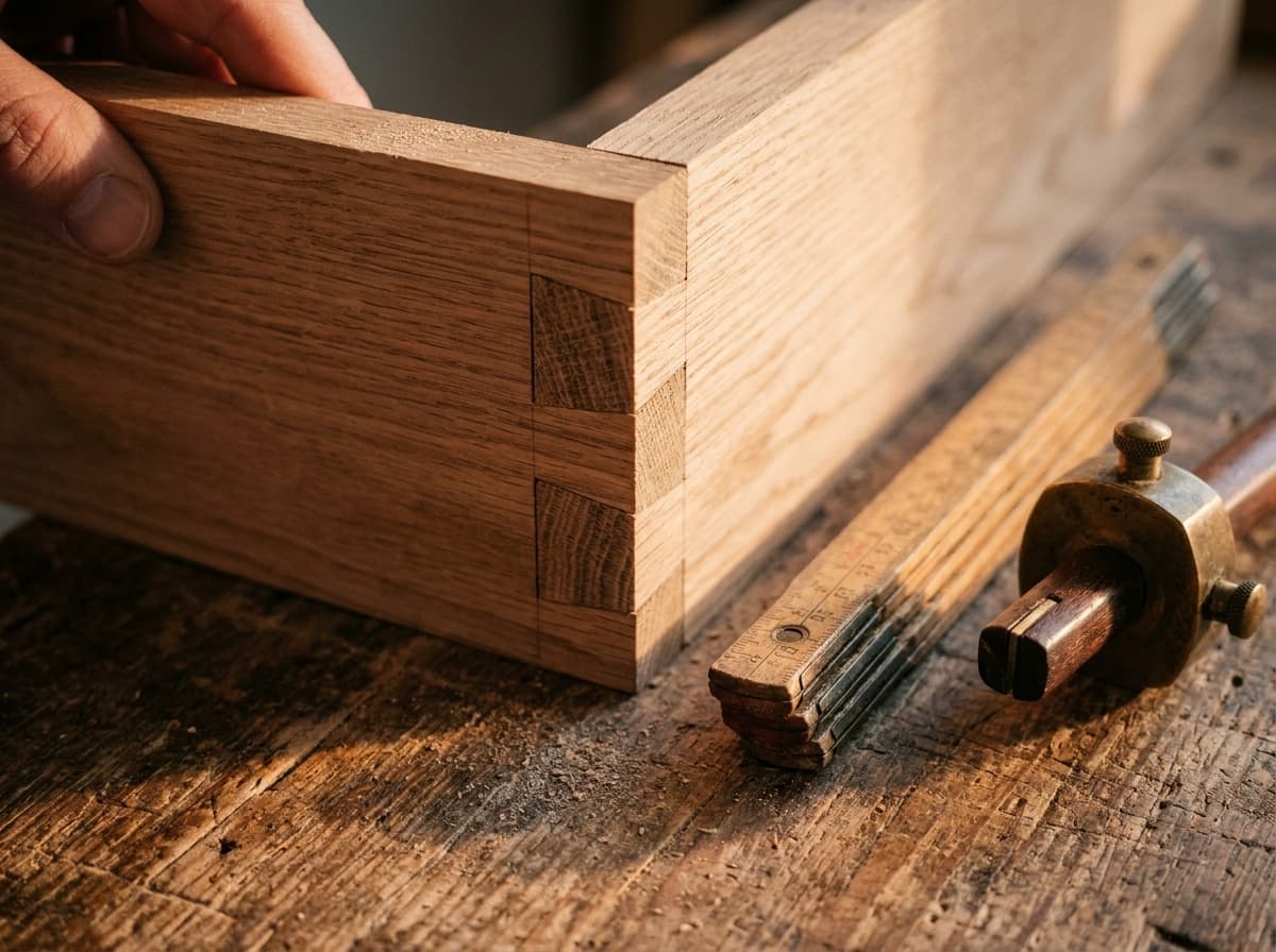 Makroaufnahme einer handgefertigten Schwalbenschwanz-Verbindung in Eiche