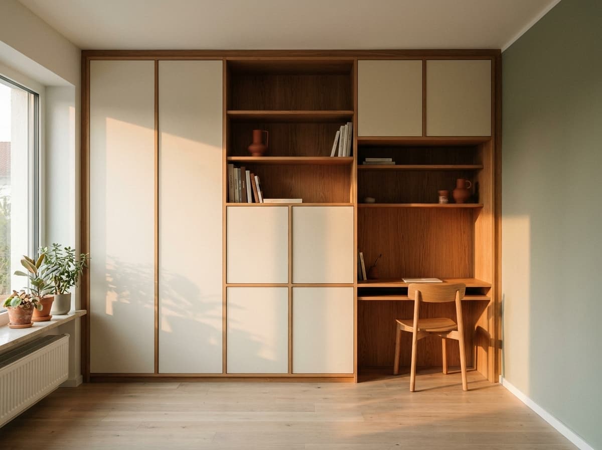 Raumhohe Einbauwand aus Eiche mit Regal und Schreibtischnische