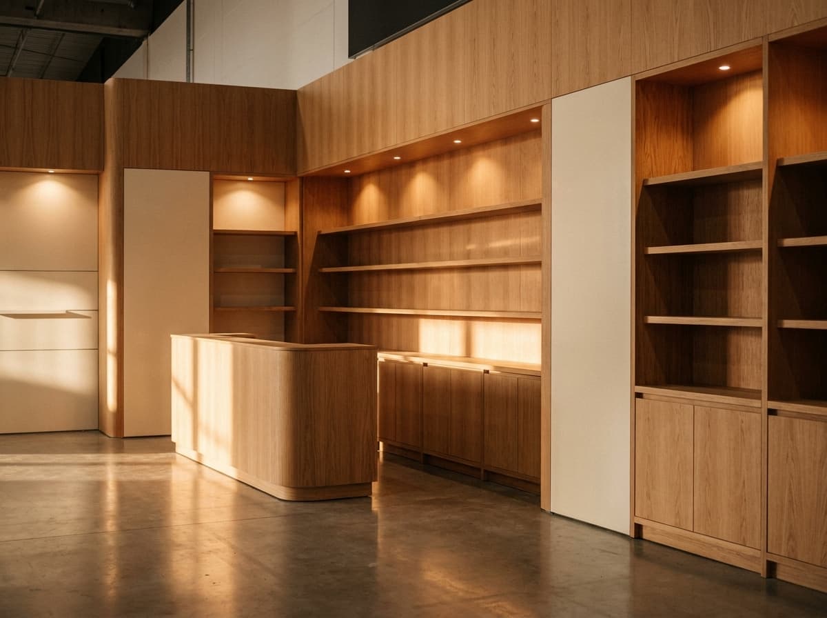 Massgefertigter Messestand aus Eiche und cremefarbenen Paneelen