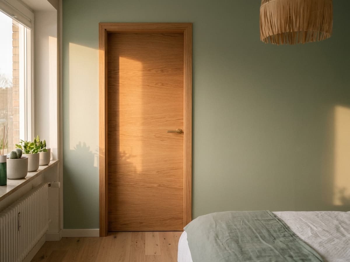 Massgefertigte Eichen-Innentür mit Messinggriff im warmen Licht